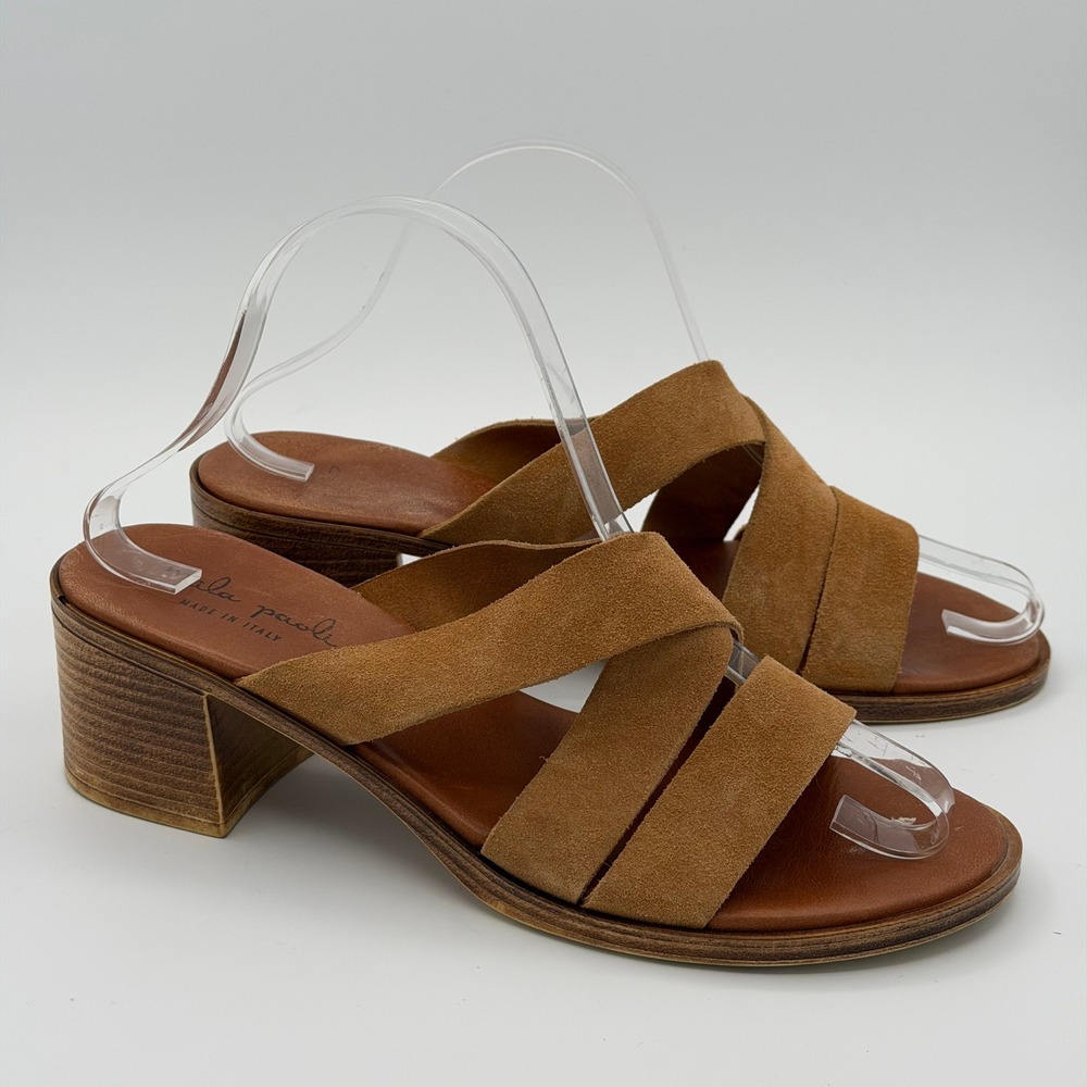 Mila Paoli Italy Block Heel Suede Sandals Womens 9.5 Brown Strappy Comfort Slide